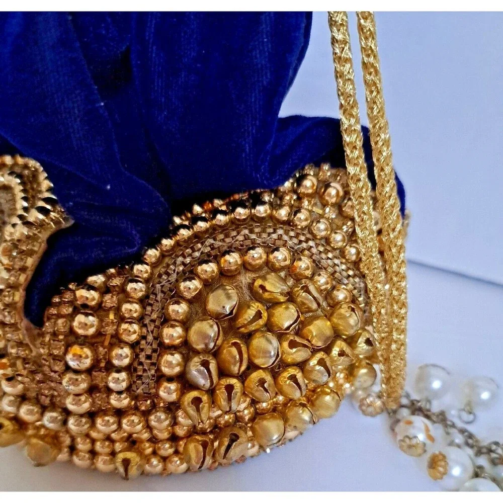Royal Blue Velvet Potli Bag Gold Beadwork Pearl Handle Ethnic Wedding Clutch